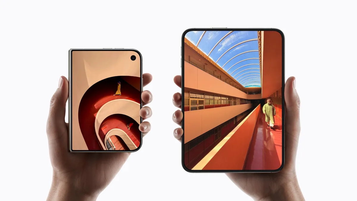 iPhone Duo held in one hand closed, showing its 5.4-inch outer screen, and open in two hands, showing its 7.6-inch inner screen